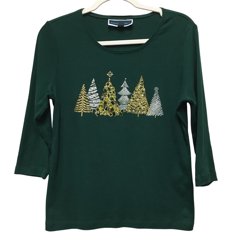 Karen Scott Gem Embellished Christmas Tree Top Women's PM Green Holiday Festive